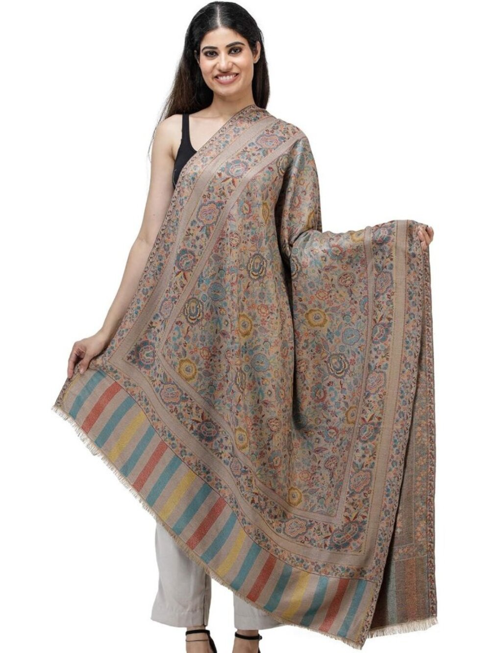 Multicolored Jamawar Shawl with Woven Floral Design - Luxurious Lightweight Wrap